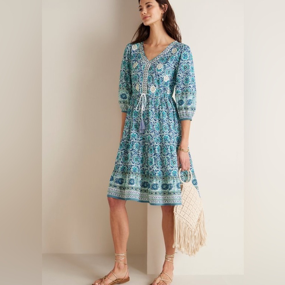 Soft Surroundings Nerissa Dress Embroidered Blue Color with Tassles Size Small